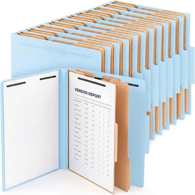 12 Pack Plastic Classification Folders with 2 Dividers & Fasteners, Heavy Duty 3.5” Expansion Letter Size File Folders for Law Client Files, Medical Records & Office Reports(Light Blue)