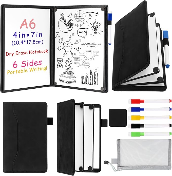 Feifeiya 6 Sides Dry Erase Notebook Portable Whiteboards Notepad 5"x7"(a6) Small Reusable Board Foldable Anti-ghosting Surface, Travel Dry Erase White Board for Office Study Meeting Planning