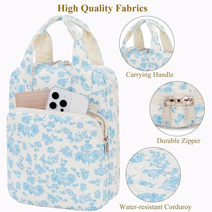 DSIUE Bible Cover Case for Women Gilrs Corduroy Bible Carrying Case Book Holder/Carrier/Bag with Handle and Pockets, Blue Floral