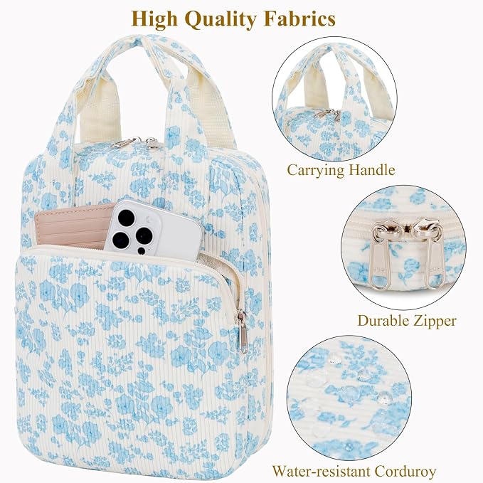 DSIUE Bible Cover Case for Women Gilrs Corduroy Bible Carrying Case Book Holder/Carrier/Bag with Handle and Pockets, Blue Floral