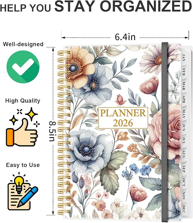 Planner 2026 - Weekly & Monthly Planner from January 2026 to December 2026, Agenda 2026 with Inner Pocket, Elastic Band, 6.4" x 8.5", Colorful Large Flower