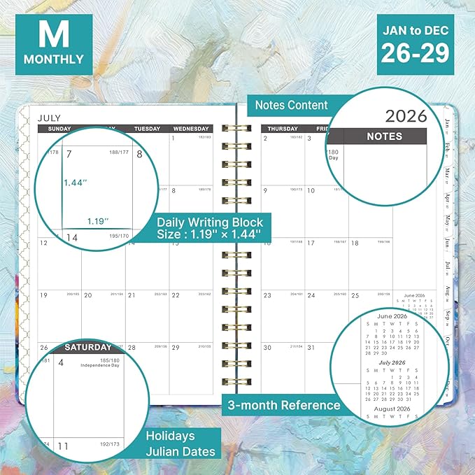 2026-2029 Monthly Planner/Calendar - 3 Year Monthly Planner 2026-2029, July 2026 - June 2029, 6.3" x 8.4", 36 Monthly Planner with Tabs, 29 Notes Pages, Hardcover, Inner Pocket - Oil Painting