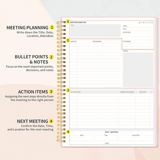 SUNEE Meeting Notebook for Work with Sticky Tabs - 160 Pages, A4 Size Project Planner, Spiral Meeting Agenda/Minutes Notebook Organizer for Women Men, Note Taking, Office & Business, 8.5"x11", Pink