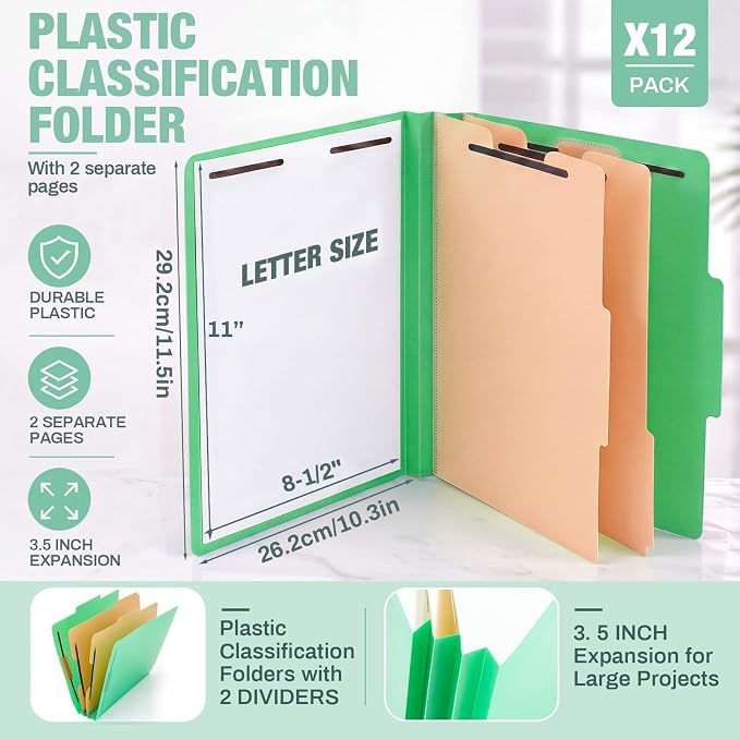 12 Pack Plastic Classification Folders with 2 Dividers & Fasteners, Heavy Duty 3.5” Expansion Letter Size File Folders for Law Client Files, Medical Records & Office Reports(Green)