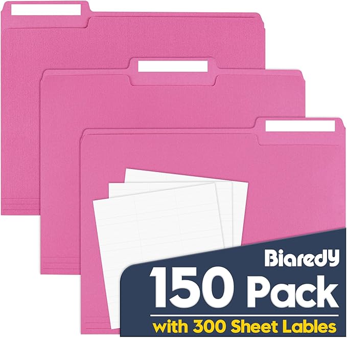 File Folders,150 Pack Letter Size Colored File Folders,8.5" x 11",1/3 Cut Tab Folder,Bulk Durable Paper Folders with Blank Labels for Office Business School Home Use,Bright Pink