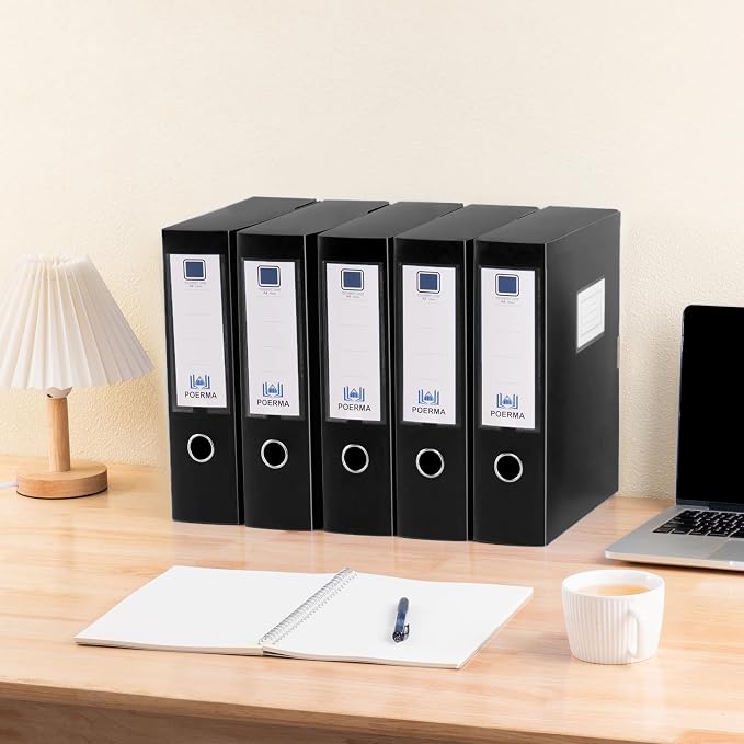 Storage File Boxes A4, 5 Pack Foldable Plastic Archives Cases with Lid, 30.8 x 23.5 x 7.5cm, Document File Folder Organizer Storage Filing Box for Office School, Black
