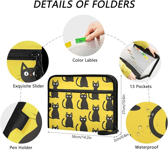 Black Cats Yellow File Folders,Plastic Folders with 13 Pockets,Expandable File Folder for Documents School Students Office,Aesthetic Folder with Labels A4 Letter Size