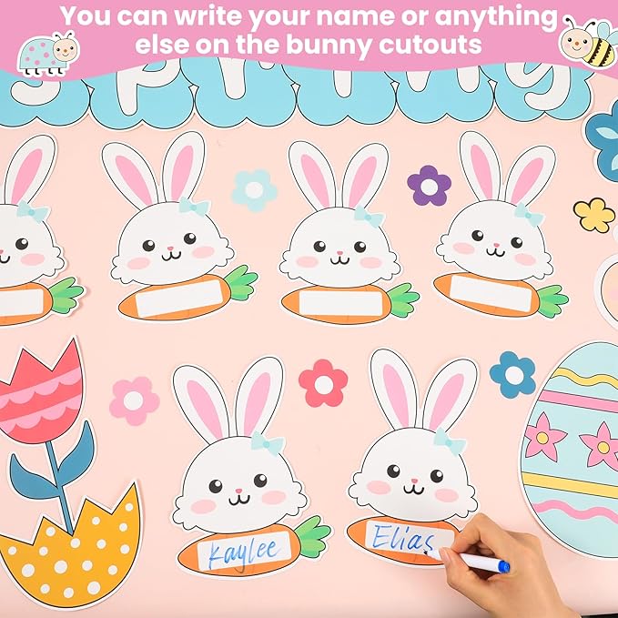 Spring Easter Bunny Bulletin Board Set Hopping Into Spring Classroom Decor Easter Egg Flowers Rainbow Writable Rabbit Cutouts April Bulletin Board for Back to School Party Home Office Chalkboard Decor