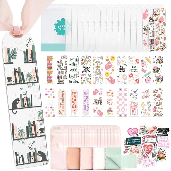 YOPPIX 6x2” Acrylic Bookmark Blanks- 20 Set Bookmark Making Kit with 20 UV DTF Stickers About Booklover Theme 20 Ribbon 80 Bookish Stickers for DIY Your Crafts Gift for Book Lover
