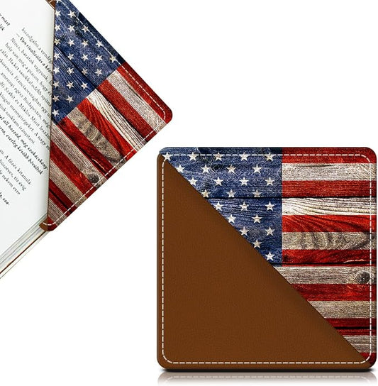 Cute Leather Bookmarks, Fun Triangle Making Corner Bookmark, Book Accessories for Reading Book Lovers, Unbreakable Page Markers for Women Men Retro Wood American Flag