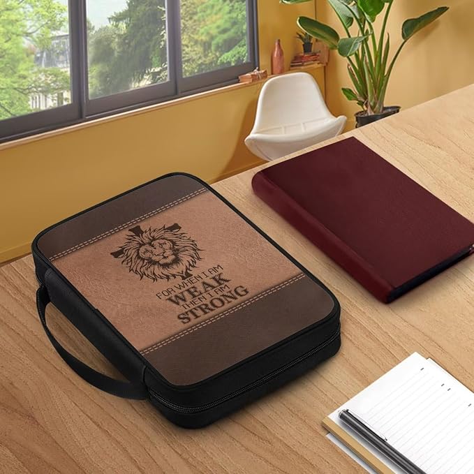 Cross with Lion Print Bible Cover for Women Men,Canvas Bible Book Carrying Cases Church Bag with Handle