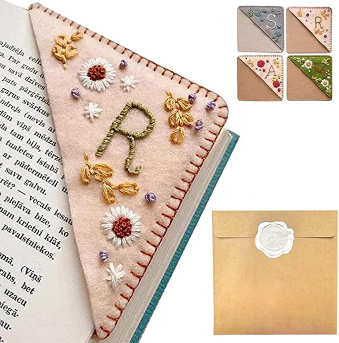 Personalized Hand Embroidered Corner Bookmark, 26 Letters Hand Stitched Felt Corner Letter Bookmark, Cute Flower Embroidery Bookmarks for Book Reading Lovers Meaningful Gift（Spring，R