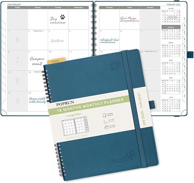 POPRUN Monthly Planner 2026-2027 (Large 8.5" x 10.5") 18 Months Calendar (Jan 2026 - Jun 2027) - 4 Pages per Month with Expense & Notes, Stair-like tabs, Leather Cover, Sunday Starts - Navy Blue