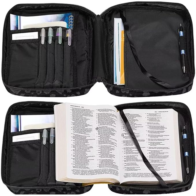 Coldinair Black Gray Leopard Print Bible Cover Case for Women Men,Carrying Book Cover Bible Holders with Handle and Zippered Pocket,Fits for Standard/Large Size Bible