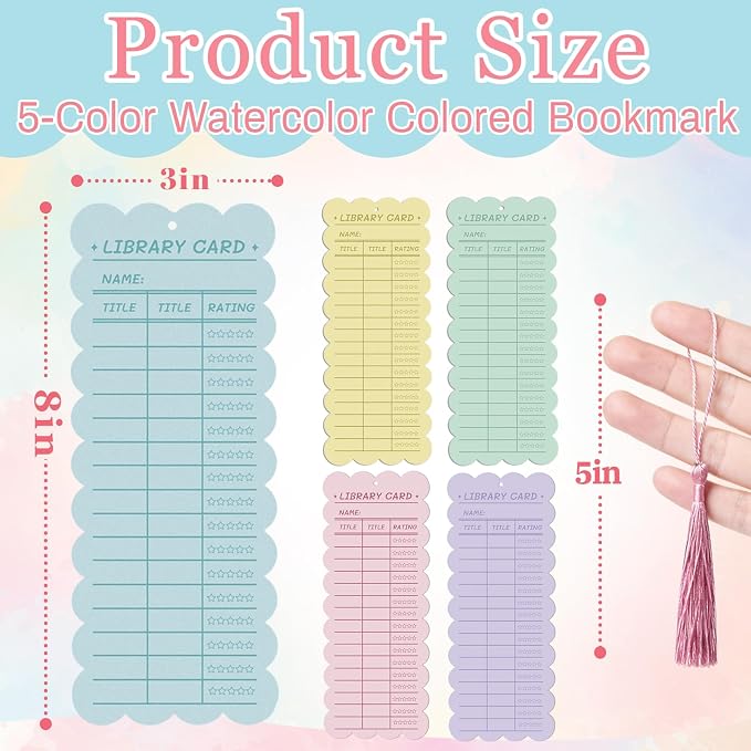 50 PCS Reading List Bookmarks Book Tracker with 50 Bookmark Tassels, 3 x 8 Inch Watercolor Library Card Reading Log Bookmark for Teachers Women Book Lovers