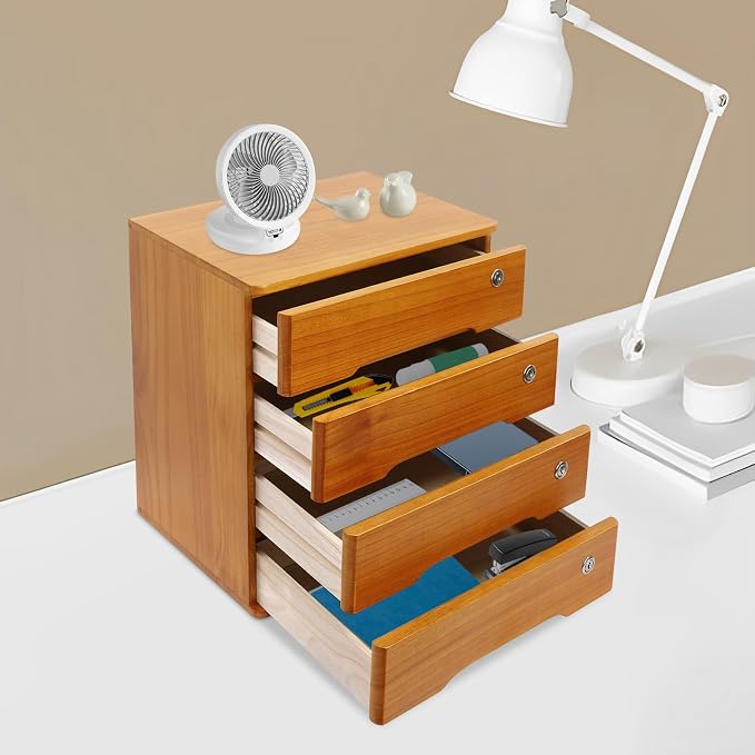 Desktop Storage Organizer Countertop Storage Cabinet with Lockable Drawers Wooden Desk Organizer for Office Supplies File Jewelry Accessories (4 Tiers)