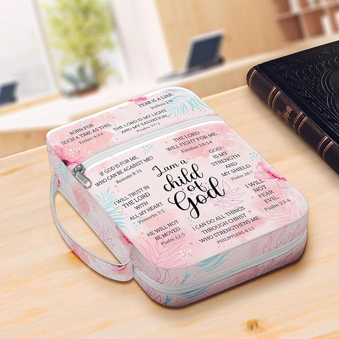 I Am A Child Of God Bible Cover for Women, Floral Scripture Bible Case with Handle and Zipper Pocket, Christian Bible Bag for Girls, Fits Standard Size, Church Gift for Faith and Prayer