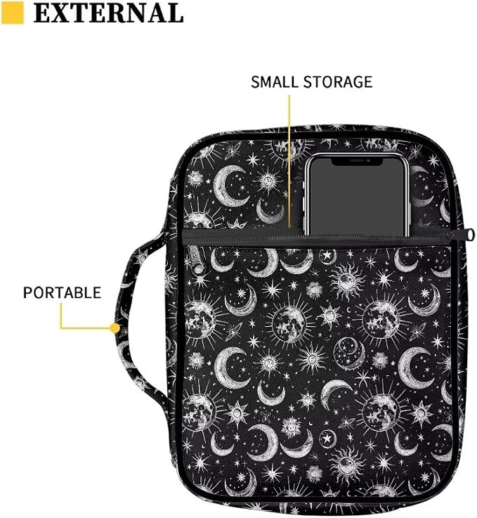 Coldinair Sun Moon Stars Bible Cover for Men Women Teens,Portable Carrying Book Case Church Bag Bible Holder with Handle and Zippered Pocket