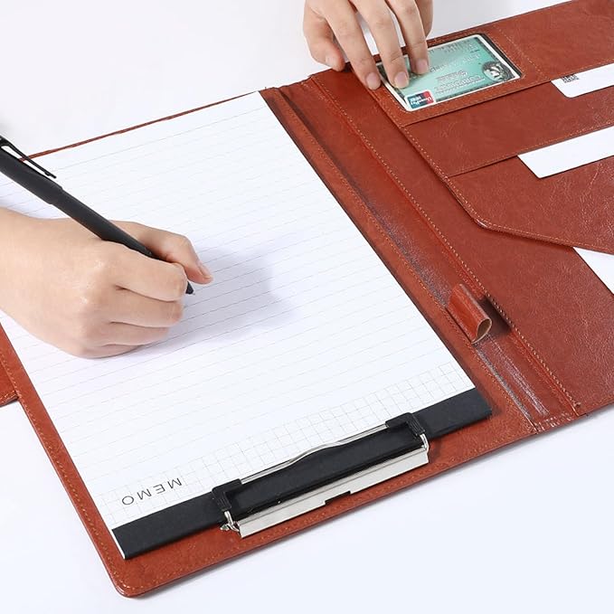 VANRA Padfolio Clipboard Folder Leather Portfolio Binder Organizer Interview Resume Folder for Papers Legal Document A4 Letter Size Writing Pad Notepad Clip Boards with Business Card Holder (Brown)