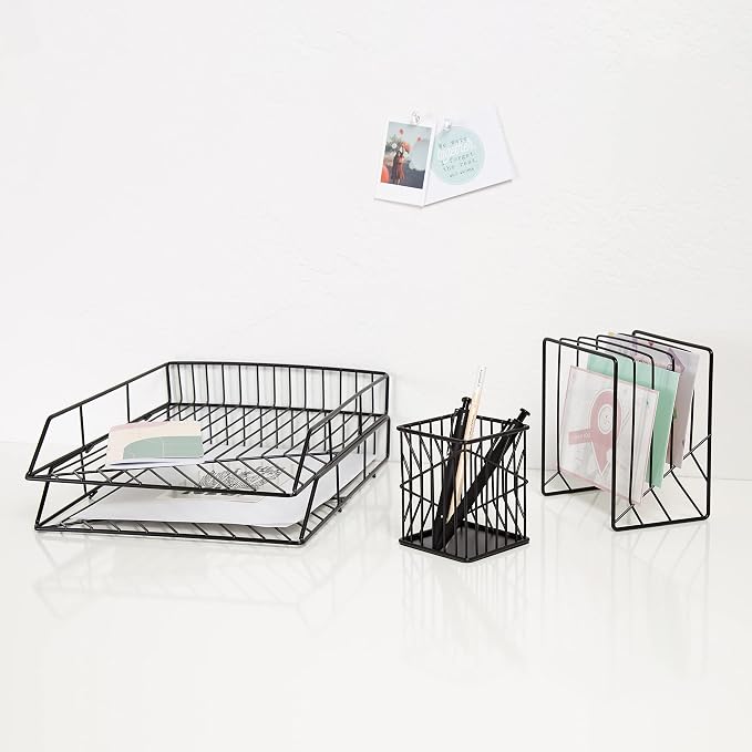 U Brands Vena Desk Organization Set, Office Supplies, Metal, Black, with Pencil Cup, Letter Sorter, Paper Tray, 4 Pieces