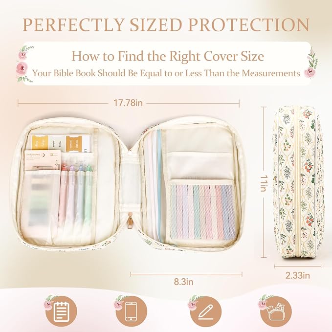 Bible Cover Case for Women Large Quilted Bible Carrying Bag with Handles Bible Study Supplies & Accessories Christian Gifts for Women(Wildflower Meadow, M)