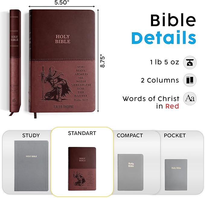 Personalized KJV Bible for Men Engraved Knight Design, King James Version Red Letter, Standard Print, Custom Name Scripture Verse, Christian Graduation Baptism Confirmation Gift, Brown Value Thinline