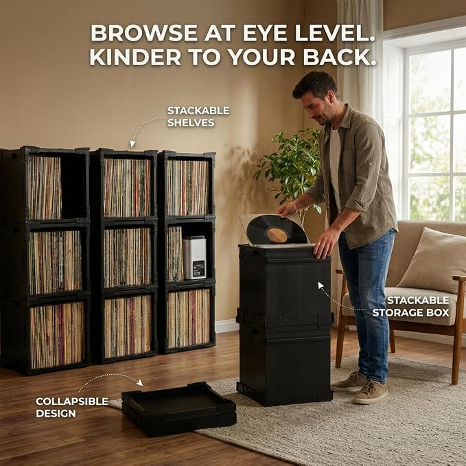 HumminGuru FlexiCube Vinyl Record Storage Box – Stackable Organizer for 12” Records, Holds 70 LPs | Modular Vinyl Shelf & Collapsible Storage Crate. Durable & Portable Space-Saving Design (3 Cubes)