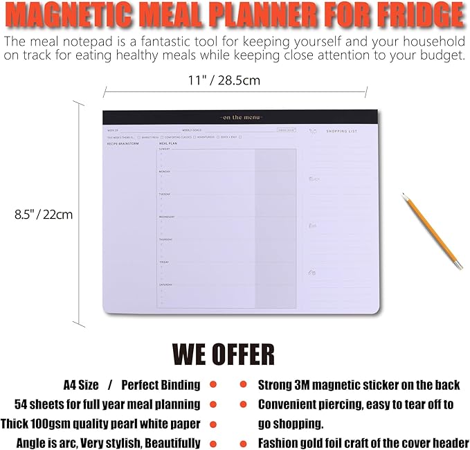 Weekly Meal Planner with Recipes and Grocery List Magnetic Notepad For Fridge - 8.5x11'' Menu Planning Pad With 54 Sheets Tear Off Shopping List For Family Dinner Menu and Meal Prep Planning