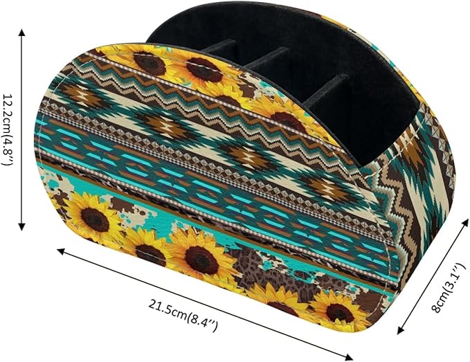 FUSURIRE Aztec Sunflower Leopard Print Tv Remote Controllers Holders for Desk Bed Couch Sofa, PU Leather Desk Storage Box Cosmetic Storage Cup Multi-functional Pencil Holder, Home&Office Accessories
