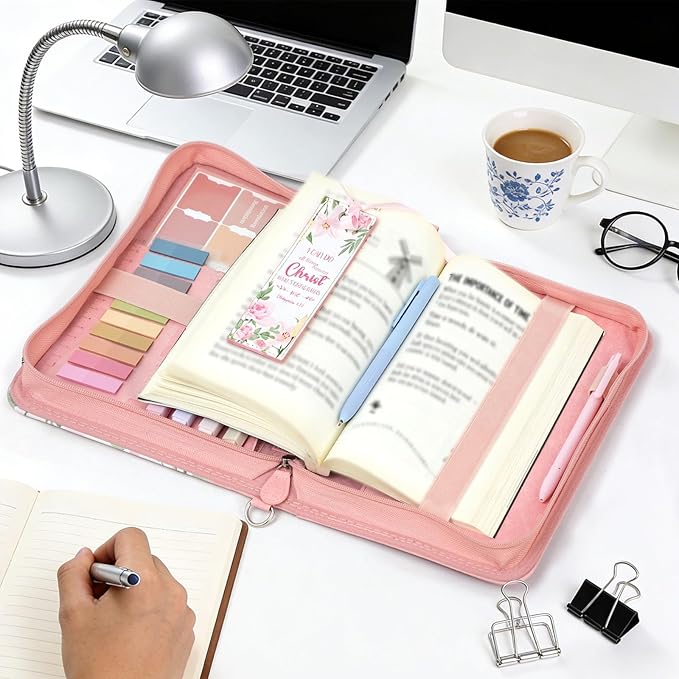 Bible Cover Case for Women PU Leather Bible Bag, Portable Holder Carrying Case with Study Supplies Storage, Christian Church Bag, Bible Journaling Kit Christian Gifts for Women and Girl (Pink)