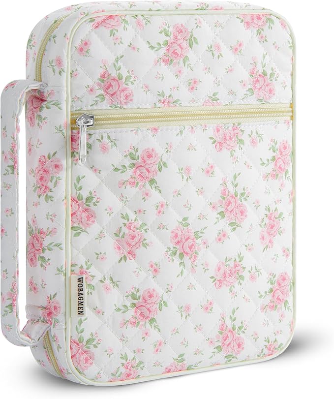 WOBAGMEN Bible Cover Case for Women,Large Bible Tote Bags Organizer Quilted Carrying Case for Girls,Bible Study Supplies Accessories Christian Gifts for Women (Big Pink Floral, M)