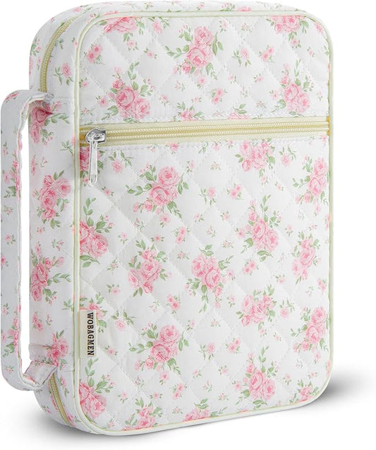 WOBAGMEN Bible Cover Case for Women,Large Bible Tote Bags Organizer Quilted Carrying Case for Girls,Bible Study Supplies Accessories Christian Gifts for Women (Big Pink Floral, M)