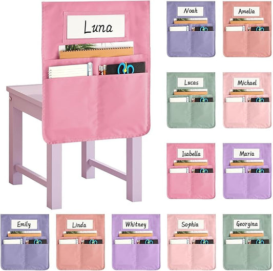 gisgfim 12 Pcs Chair Pockets for Classroom 16.7 x 19.3 Inch s with Name Tag Chairback 3 Pockets Chairs Seat Back Organizer for Elementary School Daycare Home Supply (Pastel Pink)