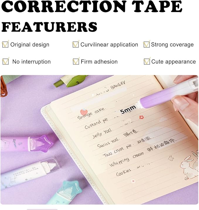 2 in 1 White Correction Tape and Double Sided Tape Roller, Cute Quick Dry Japan White Correction Tape Pen, with Permanent Adhesive Tape Runner,for School Office Instant Correction Supplies