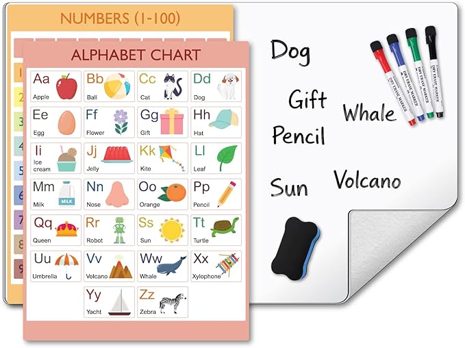COMIX Magnetic Dry Erase Board, Magnetic Alphabet Chart, 1-100 Number Chart for Kids, 26" x 17" Adhesive White Board with 4 Marker for Kids at Home Student Classroom