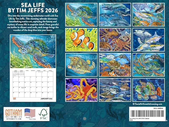 Tim Jeffs Sea Life Calendar 2026 Ocean Marine Fish Monthly Wall Calender 12 Month | American Made In The USA