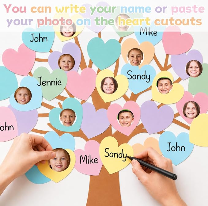 85pcs Pastel Classroom Tree Bulletin Board Heart DIY Photo Name Tags Crafts Cutouts Back to School Rainbow Accents You Belong Here Welcome Classroom Decor for Nursery Elementary Chalkboard Wall Decor