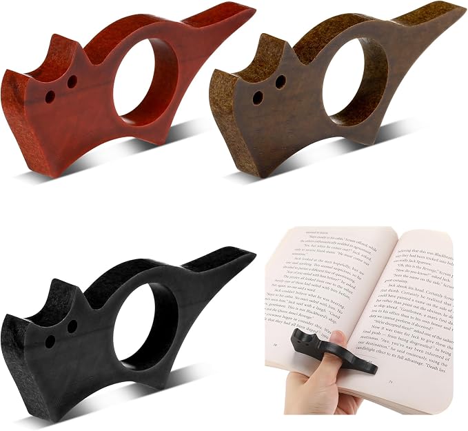 MotiMind 3 Pcs Wooden Thumb Book Page Holders One-Hand Reading Bookmarks for Book Lovers Portable Wood Books Holders for Thick Thin Books Bookworm Gifts for Women Readers(Cat,Large)