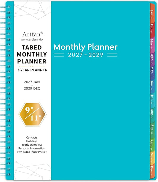 2027-2029 Monthly Planner - 3 Year Planner 2027-2029, Jan.2027 - Dec.2029, 9" x 11", 3 Year Calendar 2027-2028-2029 Monthly Planner with Thick Paper, Colorful Tabs, Pocket for School, Home & Office - Teal