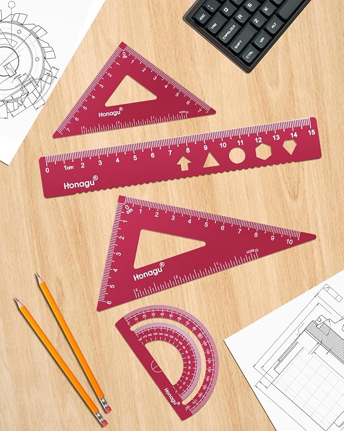 Honagu Triangular Ruler Set, 4 PC Metal Drafting Ruler, Geometric Protractor, Measuring Drawing Tool for Students, Teachers, Draftsmen, Engineers, Home School Office Supplies (15cm/5.9inches, Red)