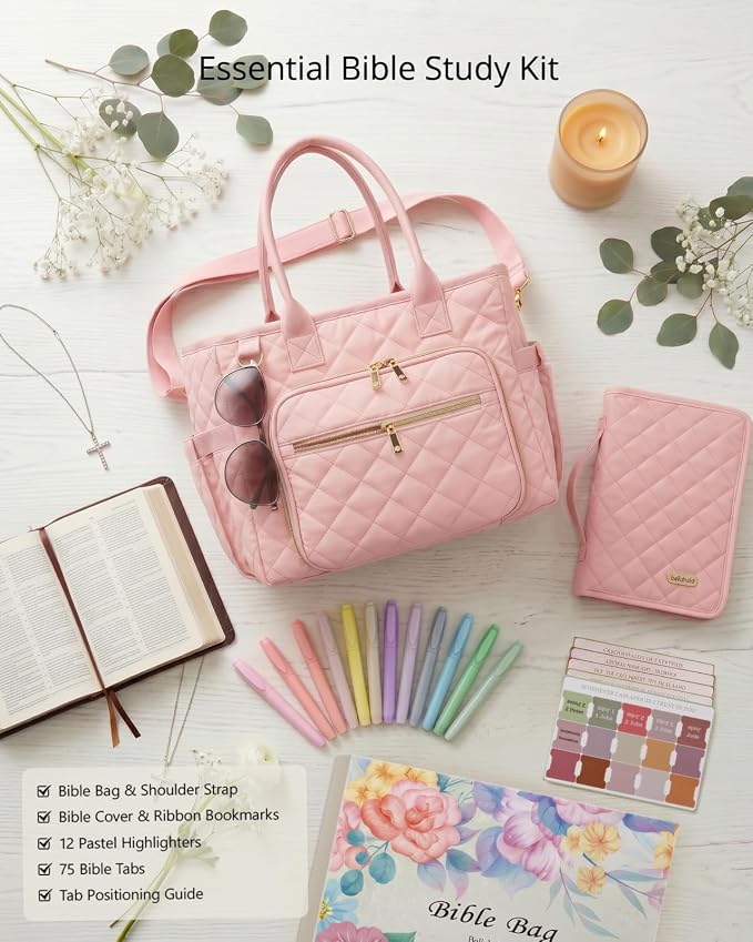 BellaHold Large Bible Bag with Bible Cover Case for Women, Church Bag with Bible Study Supplies & Shoulder Strap, Quilted Bible Tote Bag, Christian Gift for Women,Blush Pink