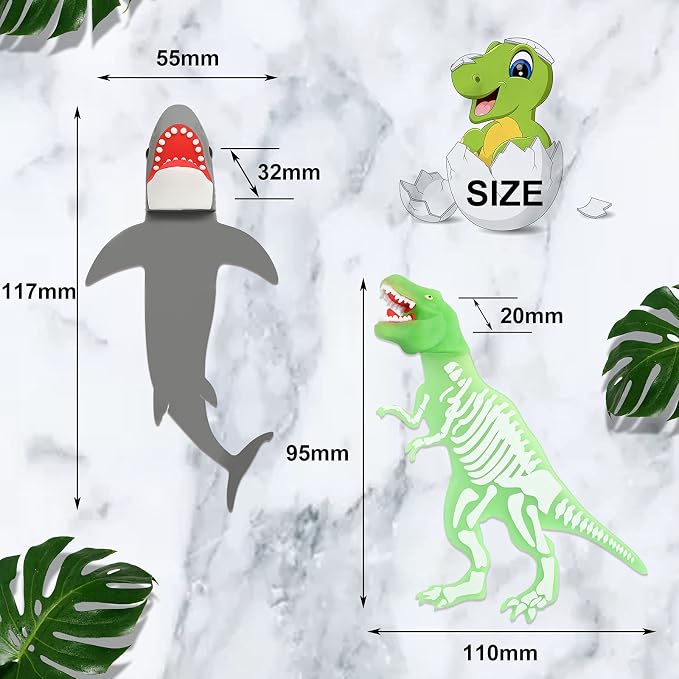 2 Pieces Shark Bookmark for Kids Boys Dinosaur Giant Cool Childrens 3D Luminous Cartoon Animal Bookmark, School Supplies(Dinosaur and Shark Style)
