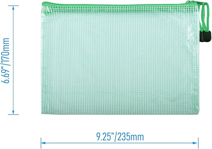 6 Pcs 9.25" x 6.69" A5 Sizes Mesh Zipper Pouch Bags, Mesh Bags with Zipper，Waterproof Clear document pouch for Organization Puzzles Travel, Office, Classroom Organization, A5 Green