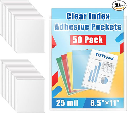 TOTiyea 50-Pack Clear Adhesive Pockets, Letter Size 8.5” x 11” Self-Stick Sheet Protectors for Classroom & Office, Waterproof, Wipe-Clean, Crystal Clear Document Holders (50)