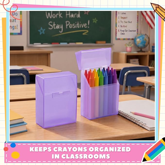 Clabby 4 Pcs Plastic Crayon Organizer Case for 24 Count Crayons Kids Art Supply Storage Box with Lid, Portable Holder for Classroom Home Travel, Fits Standard 24-Pack Crayon (Purple)