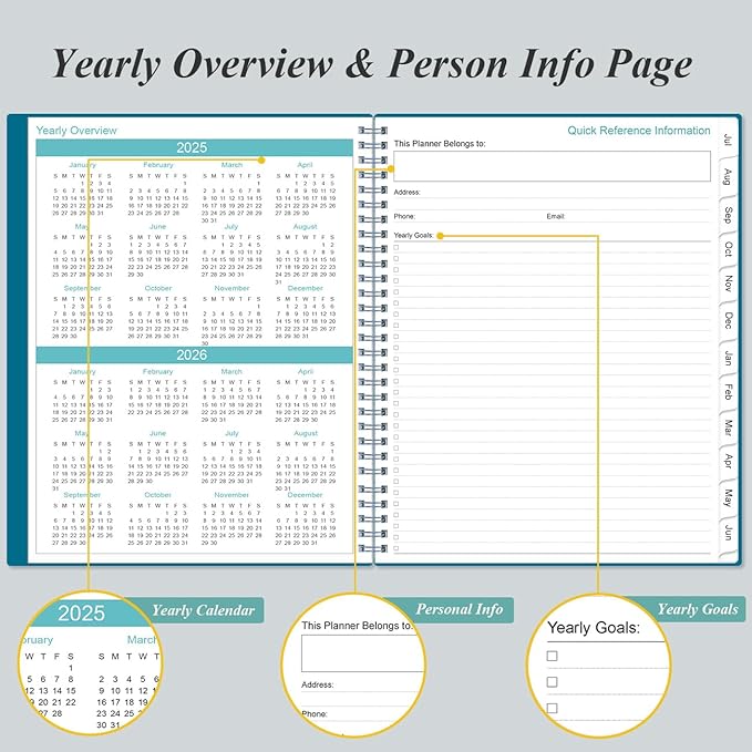 2025-2026 Planner - 8.5" x 11" Weekly Monthly Planner from July 2025 to June 2026 with 12 Monthly Tabs, Inner Pocket, Elastic Closure, Teal