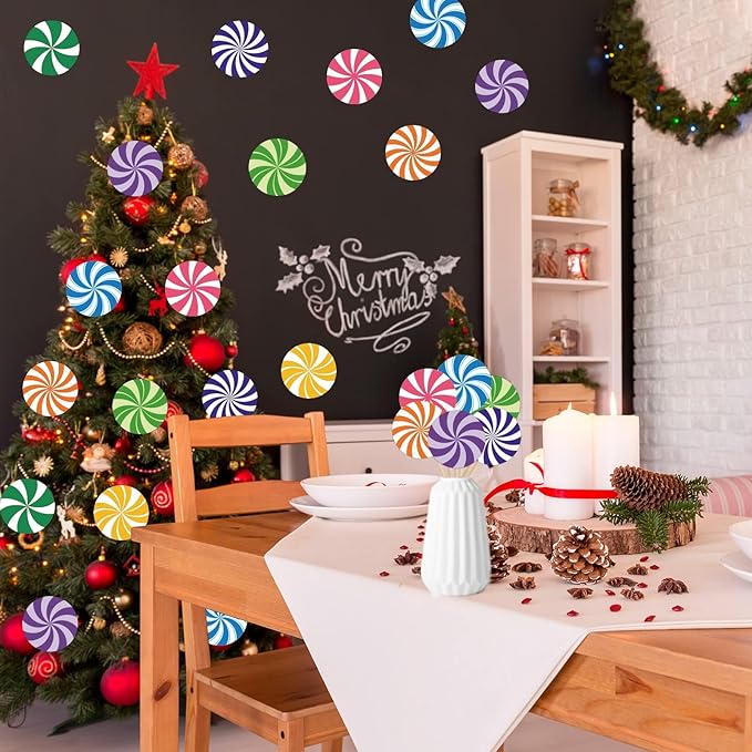 48 Pieces Peppermint Candies Cutouts Christmas Home Classroom Decoration Sweet Peppermint Cut Outs with Glue Point Dots for Winter Bulletin Board Christmas Candyland Party, 5.9 x 5.9 Inch(Colorful)