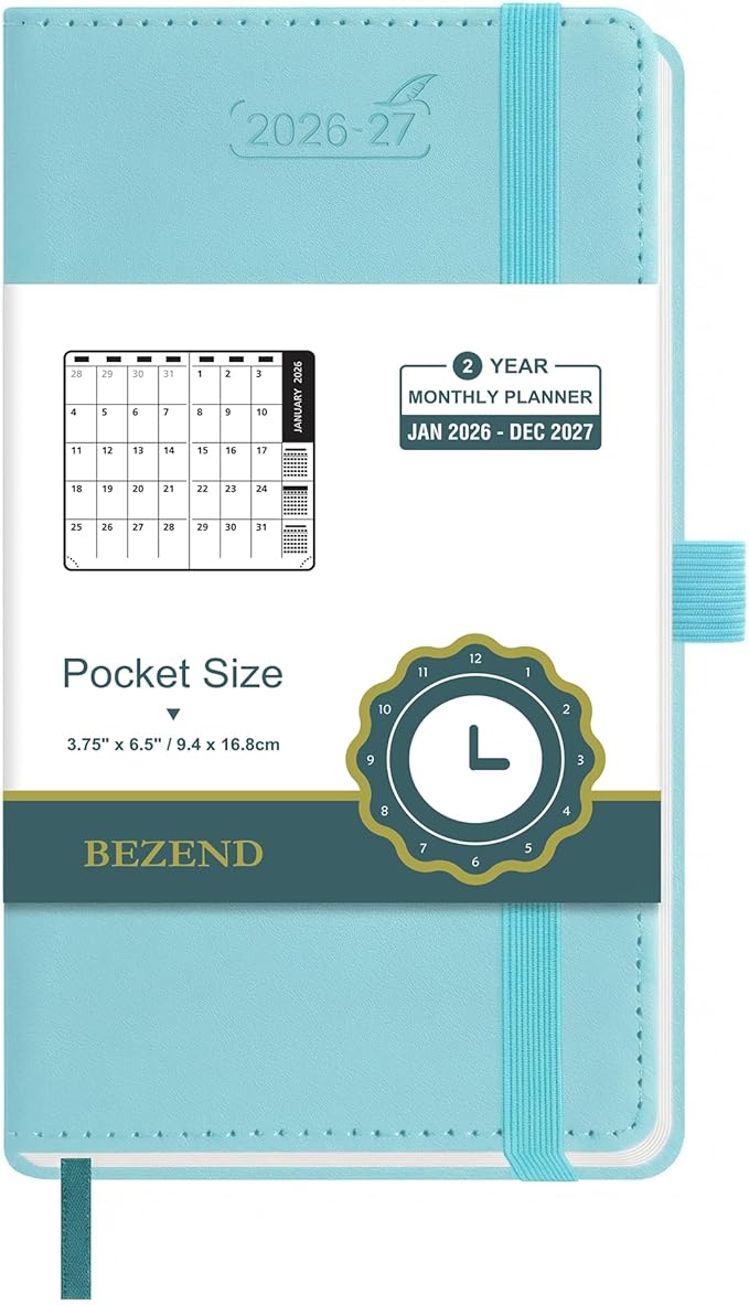 BEZEND Pocket Monthly Planner 2026-2027 (3.5" x 6.5") 2 Year Calendar Book for Purse with Note Pages, 100 GSM Paper, Inner Pocket, Pen Holder, Vegan Leather Hardcover in Sky Blue