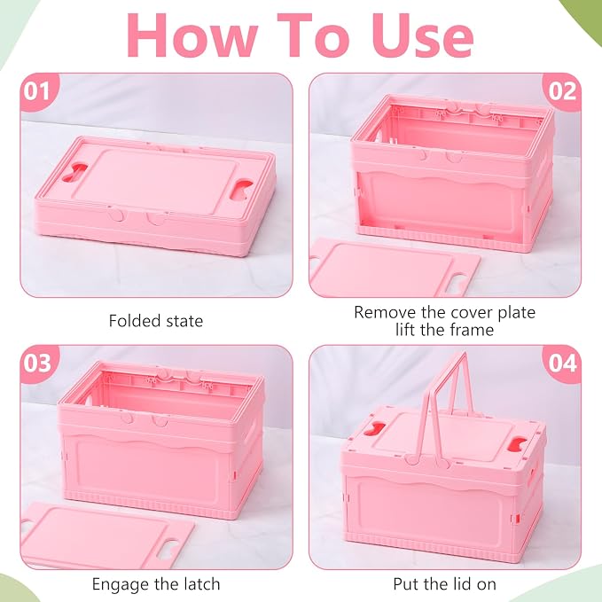 2 Pcs Pastel Plastic Collapsible Storage Crates with Lids and Handle Collapsible Picnic Basket Stackable Storage Bins Cute Foldable Container for Home Kitchen Office Bathroom(Pink)