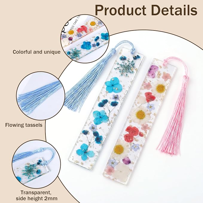 2PCS Transparent Dried Flower Bookmarks, Bookmarks for Women Handmade Dried Flower, Resin Bookmark with Tassels Cute Acrylic Bookmark Blanks Clear Planner Accessories, Blue Pink Pretty and Aesthetic